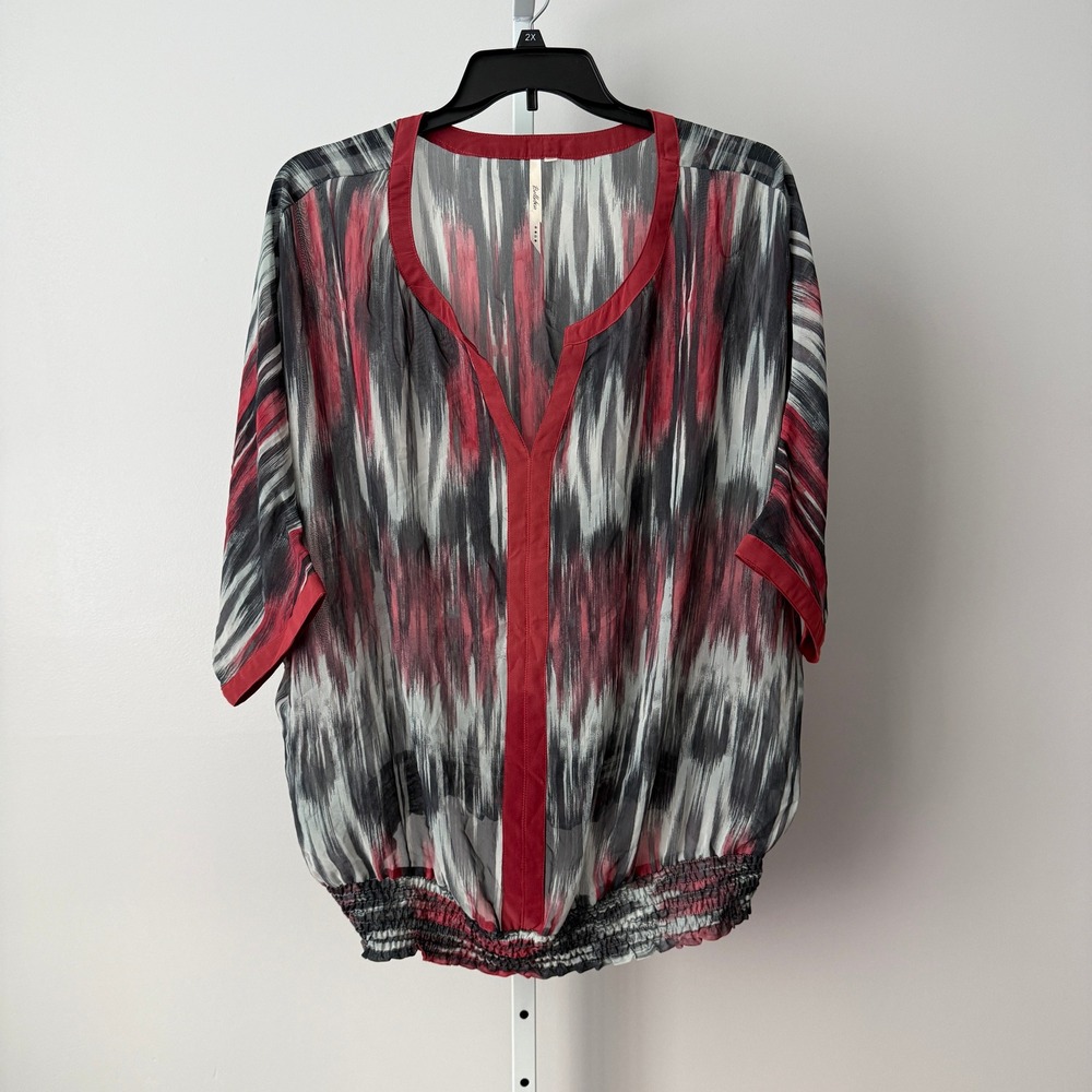 Bellatrix 2X Red Gray Abstract Ikat Smocked Hem Blouse Dolman Top Sheer Festival